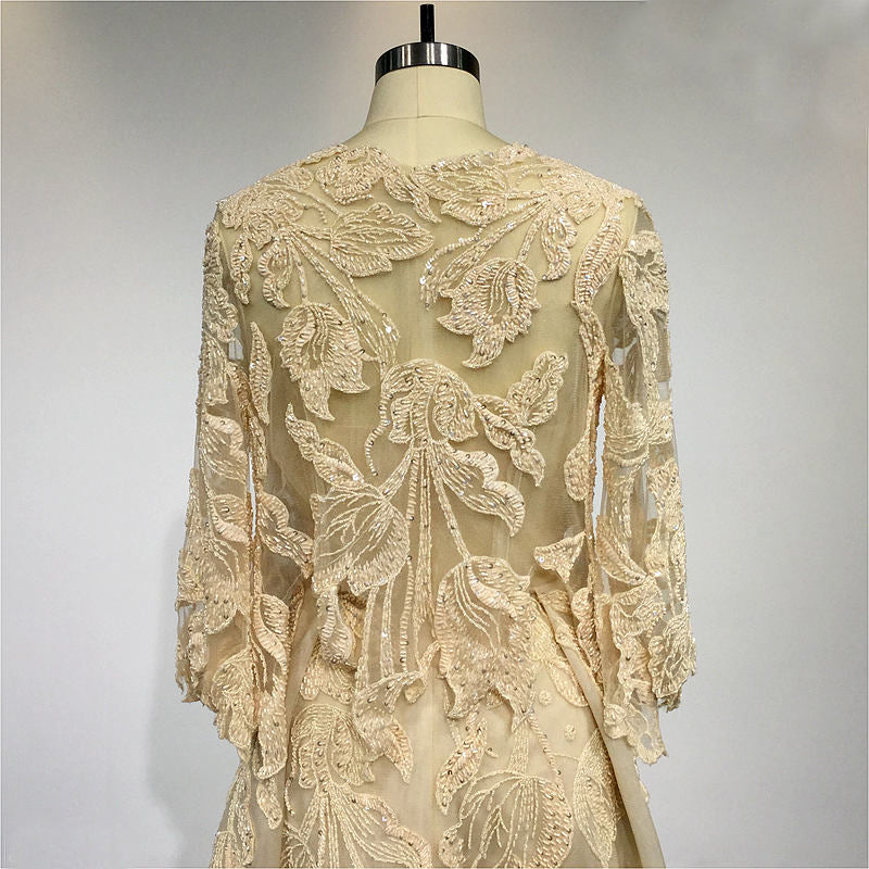 Trendy Short V-neck Lace Tea-length Ivory Bridal Gown TWA4222
