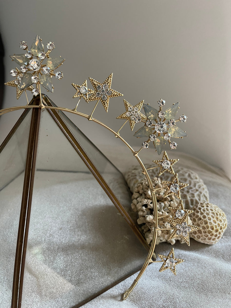 Gold Celestial Star Crown Wedding Headpiece In Silver Star Burst Halo Lives Of Sirens 