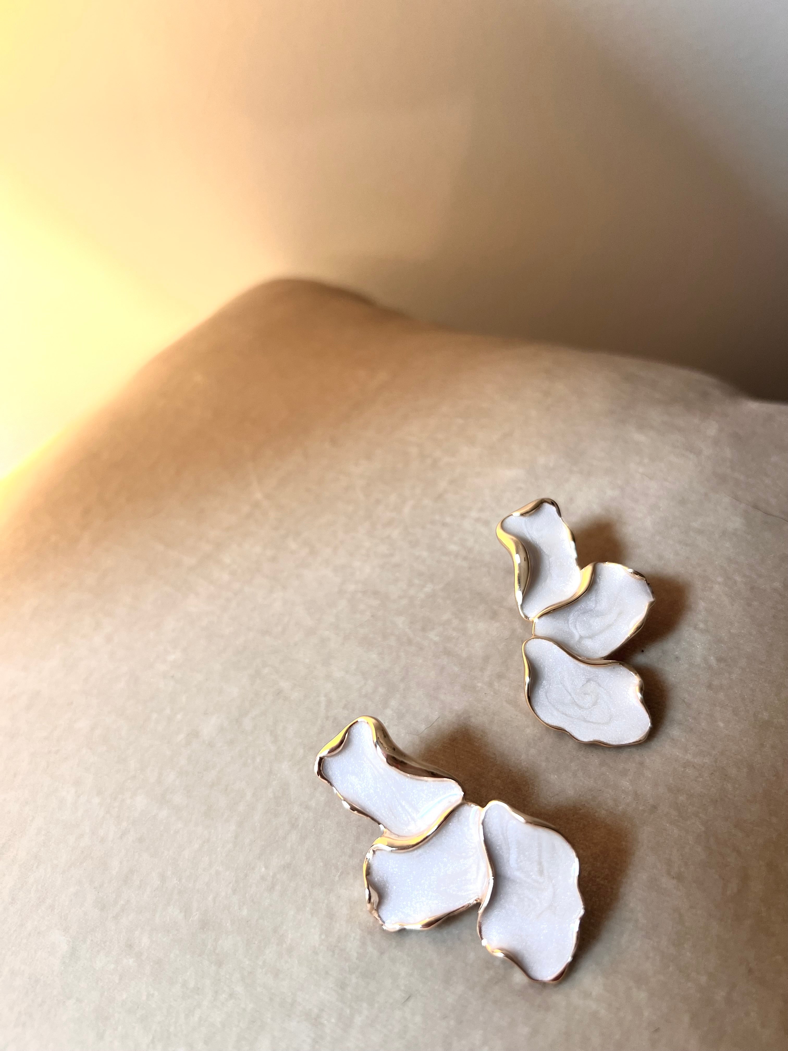 Unique Flower Petal Earrings in Gold & Pearl Enamel, Statement Wedding Earrings for Beach Bride ~ Florine