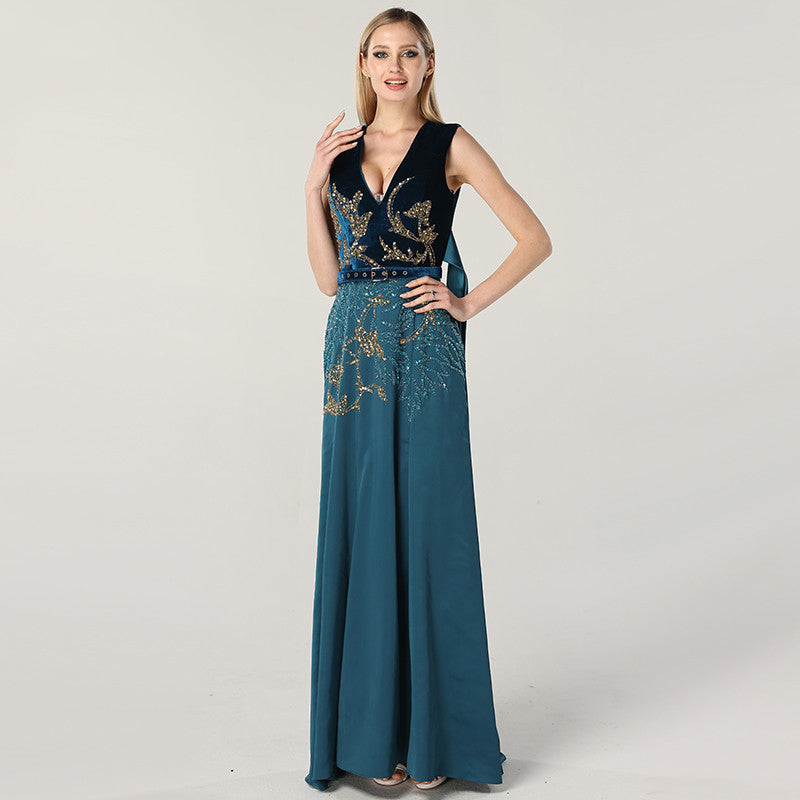 Peacock Blue  Formal Evening Gown or Evening Dress With Gold Floral Appliqués - Velveteen