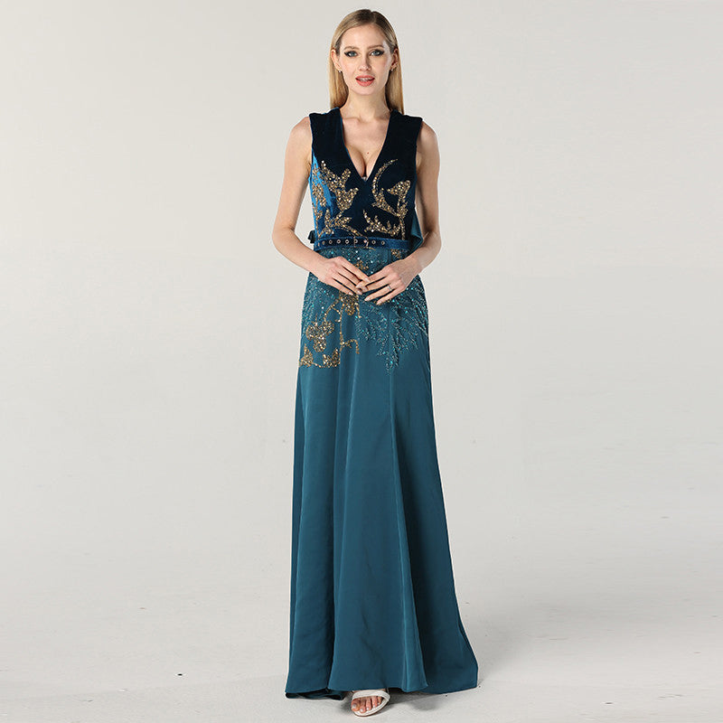 Peacock Blue  Formal Evening Gown or Evening Dress With Gold Floral Appliqués - Velveteen