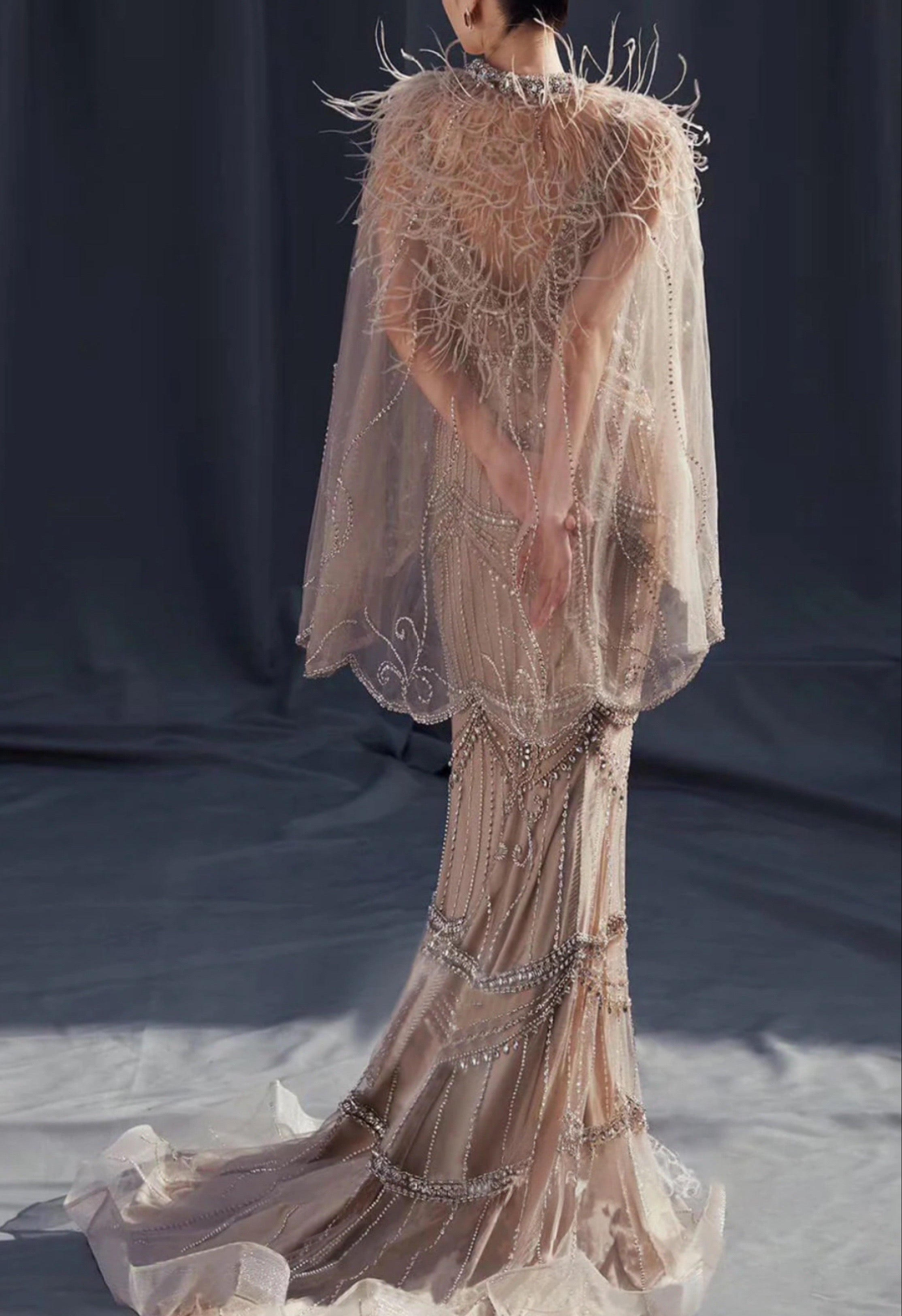Dusky Pink Evening Dress in Beaded Gatsby Style With Bridal Cape, Brid Lives of Sirens Dusky Pink Evening Dress in Beaded Gatsby Style With Bridal Cape, Brid Lives of Sirens