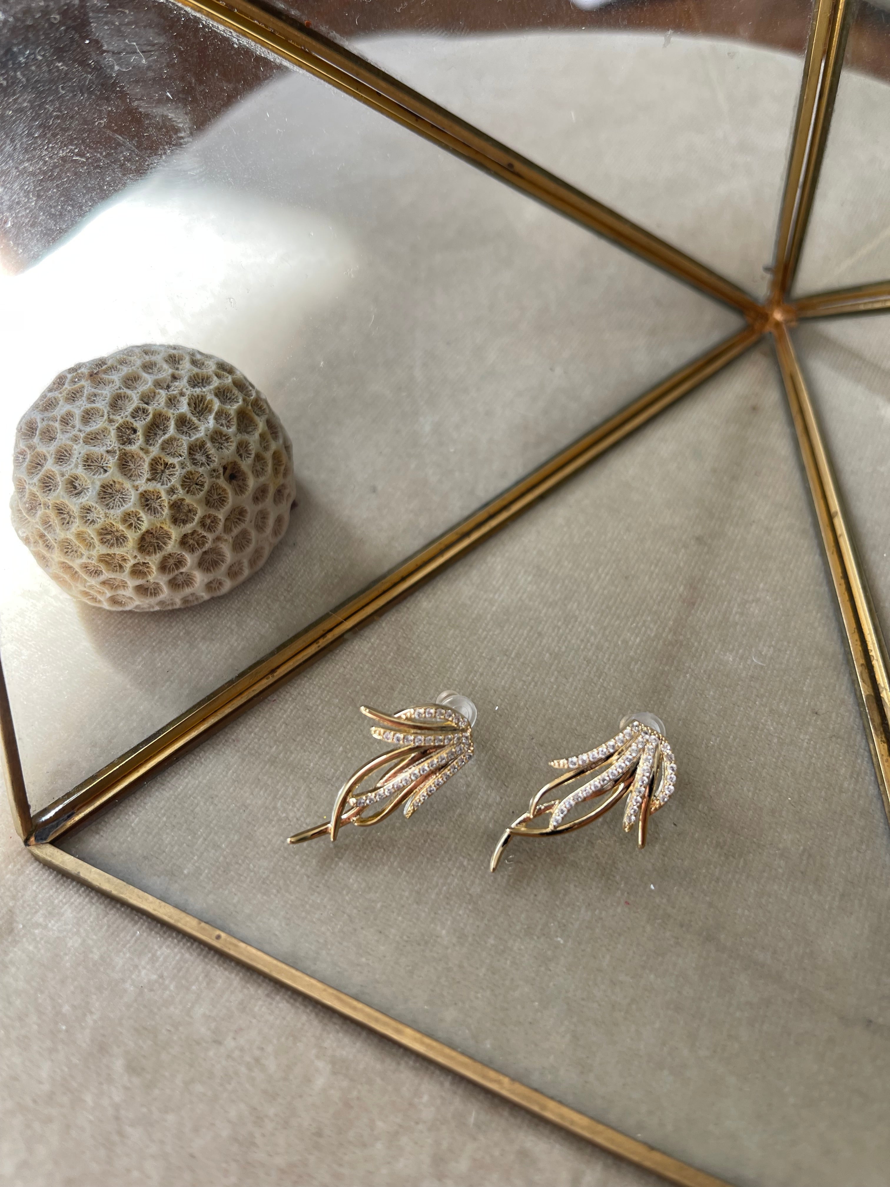 Crystal Leaf Design Earrings, Gold Bridal Earrings  ~ Leaf