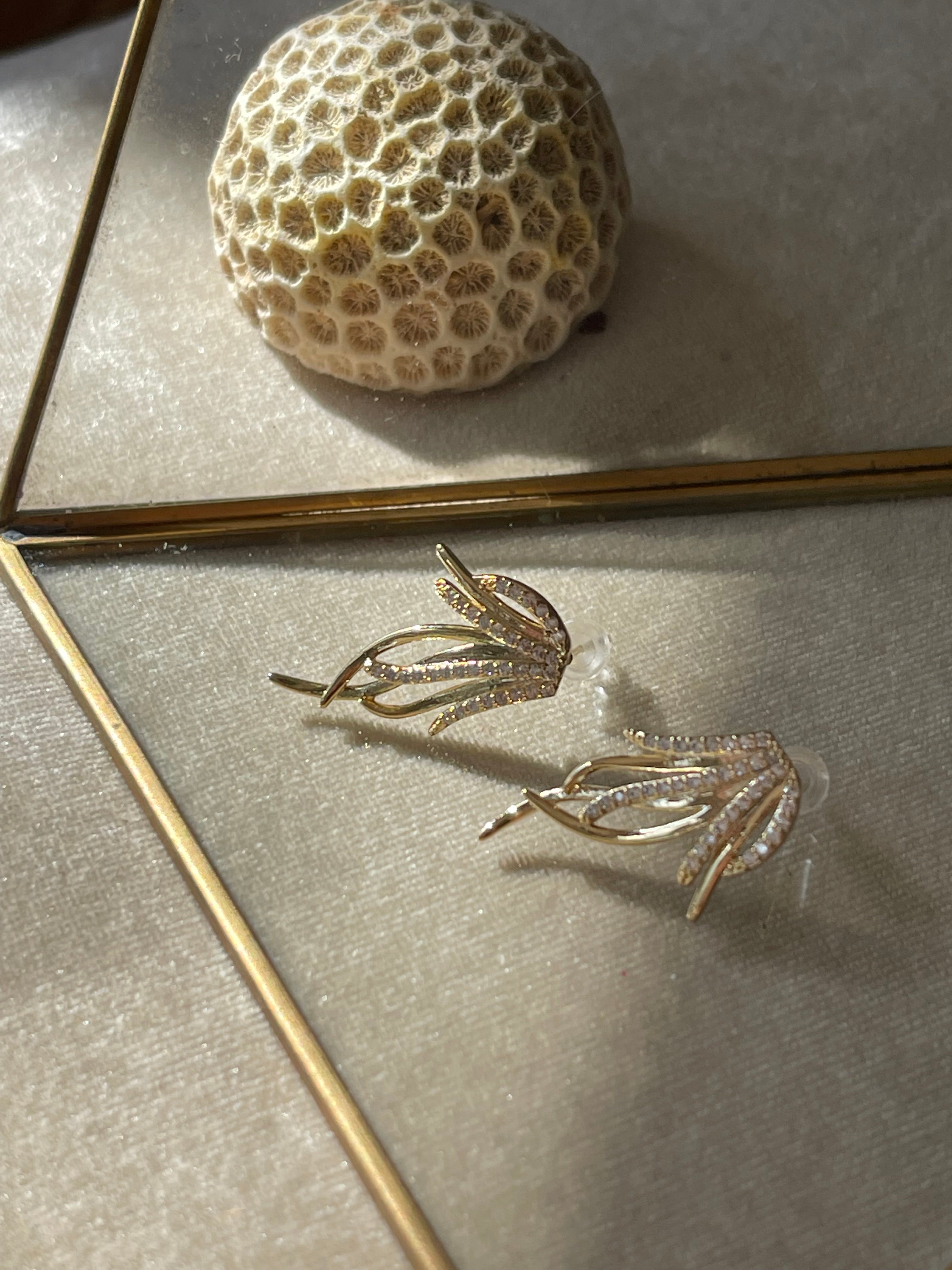 Crystal Leaf Design Earrings, Gold Bridal Earrings  ~ Leaf