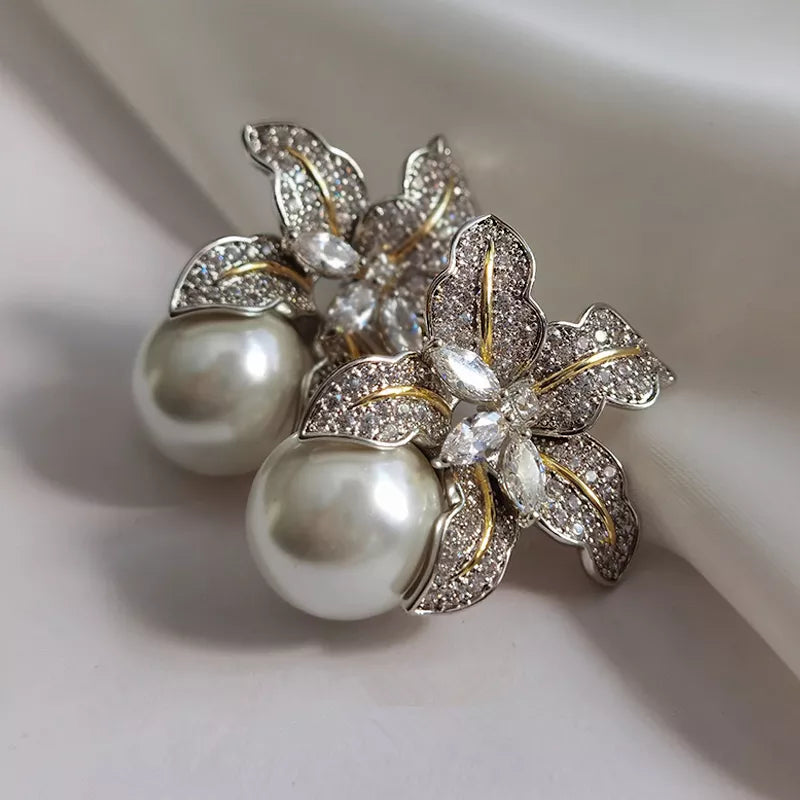 Unique Orchid Earrings, Crystal Bridal Wedding Earrings in Sterling Silver ~ Island