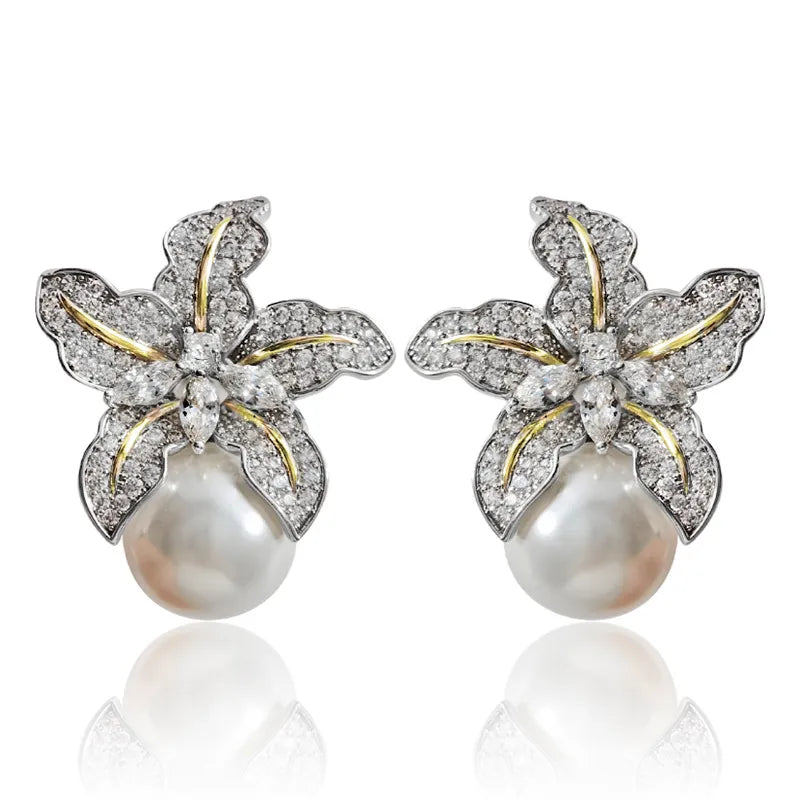 Unique Orchid Earrings, Crystal Bridal Wedding Earrings in Sterling Silver ~ Island