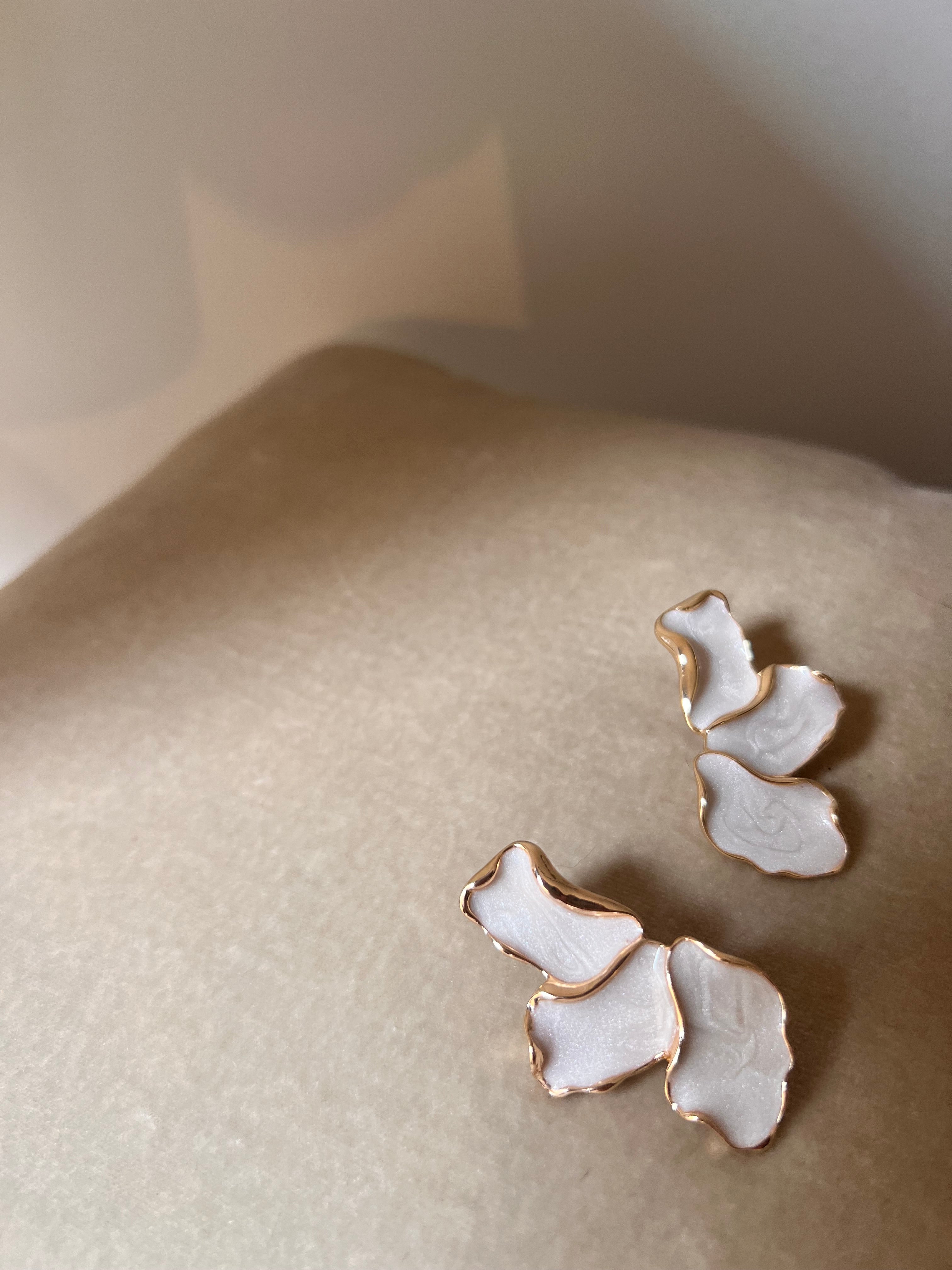 Unique Flower Petal Earrings in Gold & Pearl Enamel, Statement Wedding Earrings for Beach Bride ~ Florine