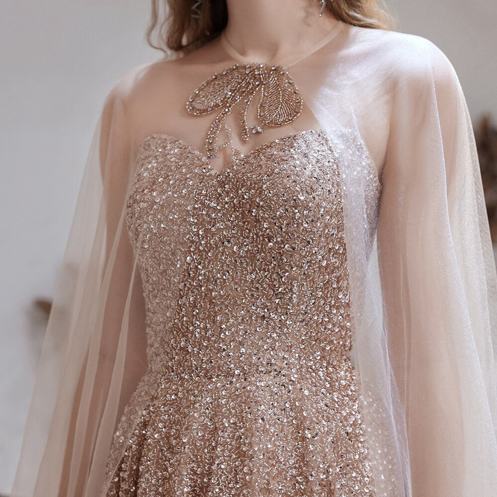 Blush Wedding Dress With Removable Wedding Cape and Crystal Embellishments - June