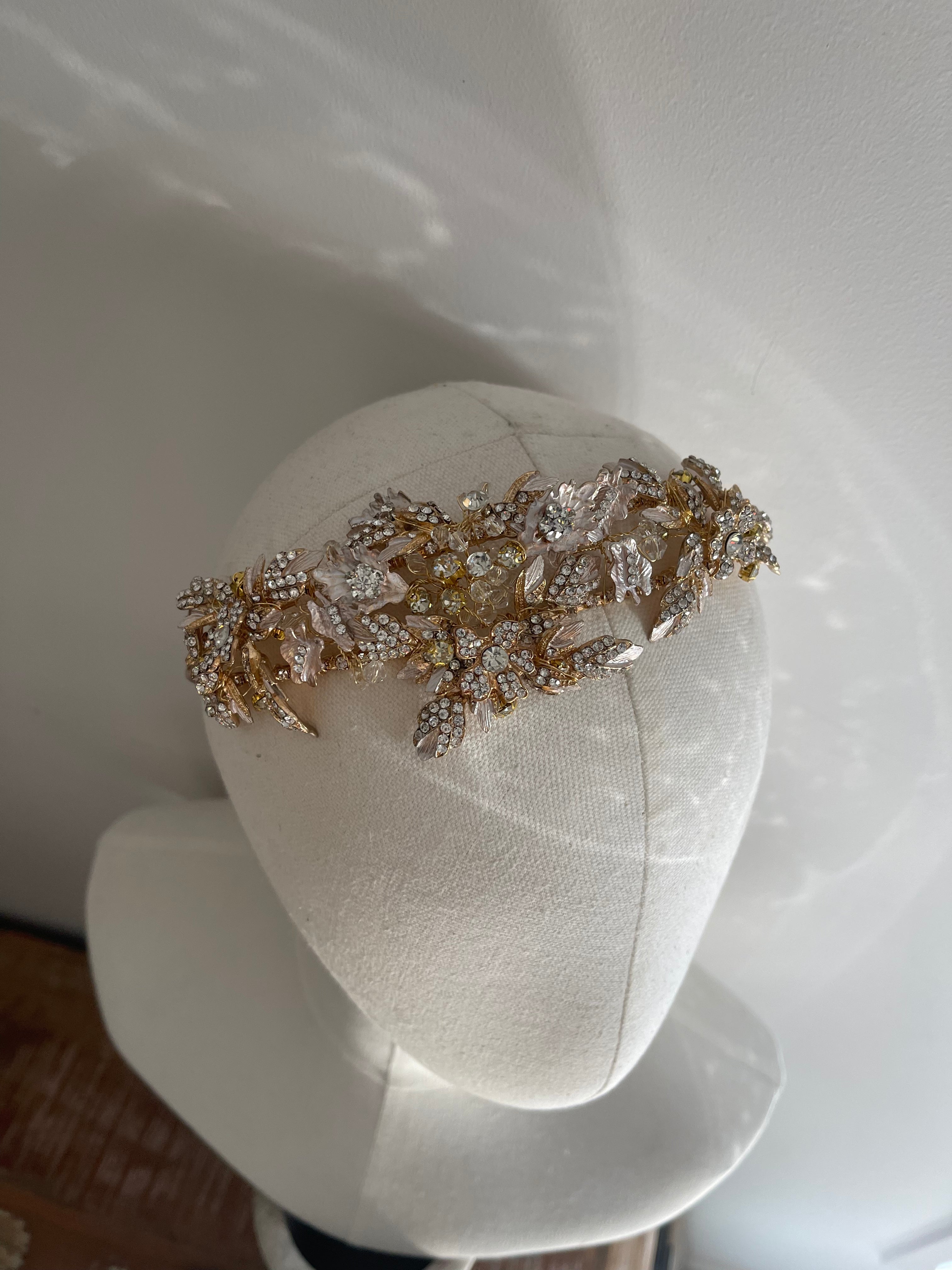 Vintage Style Flower Wedding Crown Headband in Rose Gold with Crystals ~ Rose Bramble