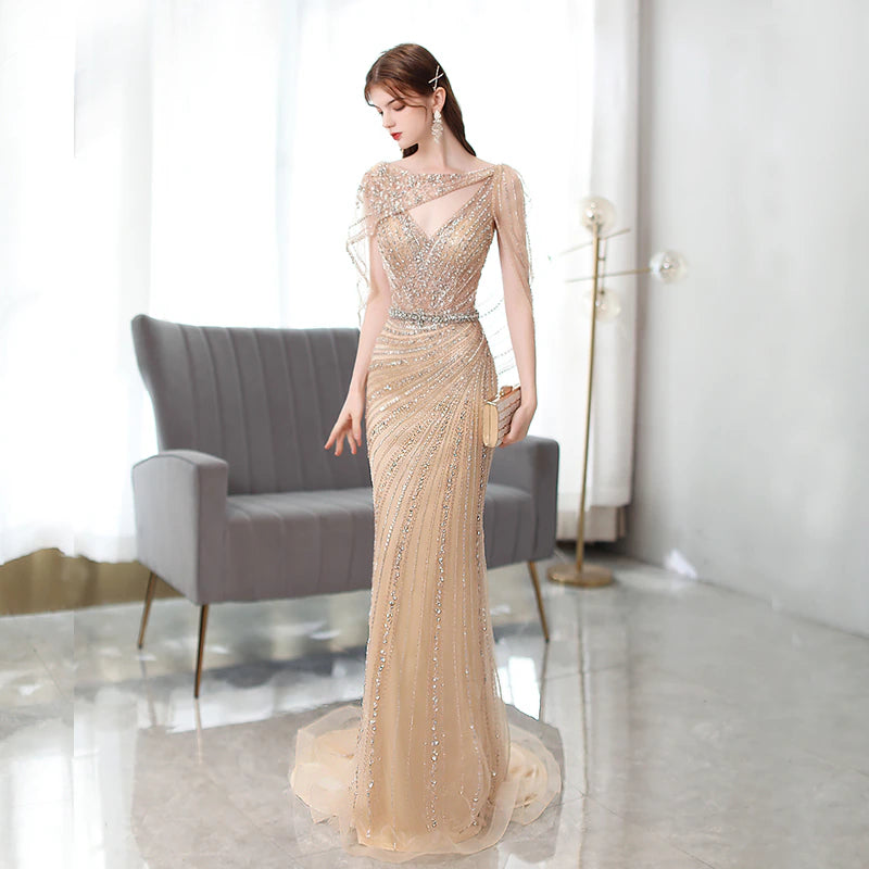 Silver Formal Gown, Hollywood Starlet Evening Dress with Silver Crystal Embellishments in Champagne, Pink, Silver or Blue  - Andromeda