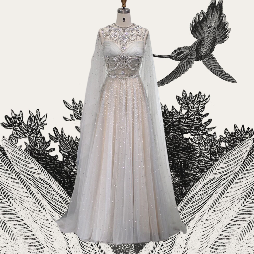 Silver Wedding Dress, Ethereal Formal Gown with Crystal Embellished Cape- ELVA