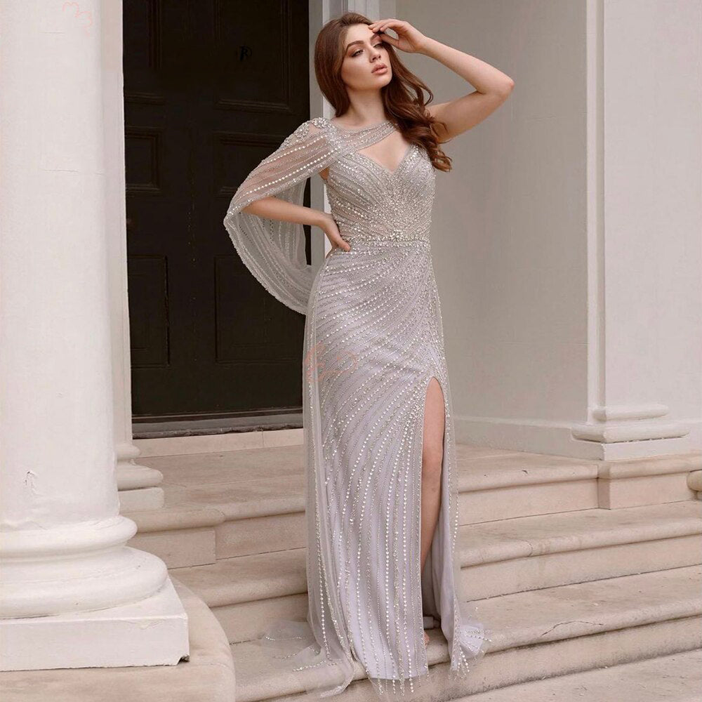 Silver Formal Gown, Hollywood Starlet Evening Dress with Silver Crystal Embellishments in Champagne, Pink, Silver or Blue  - Andromeda