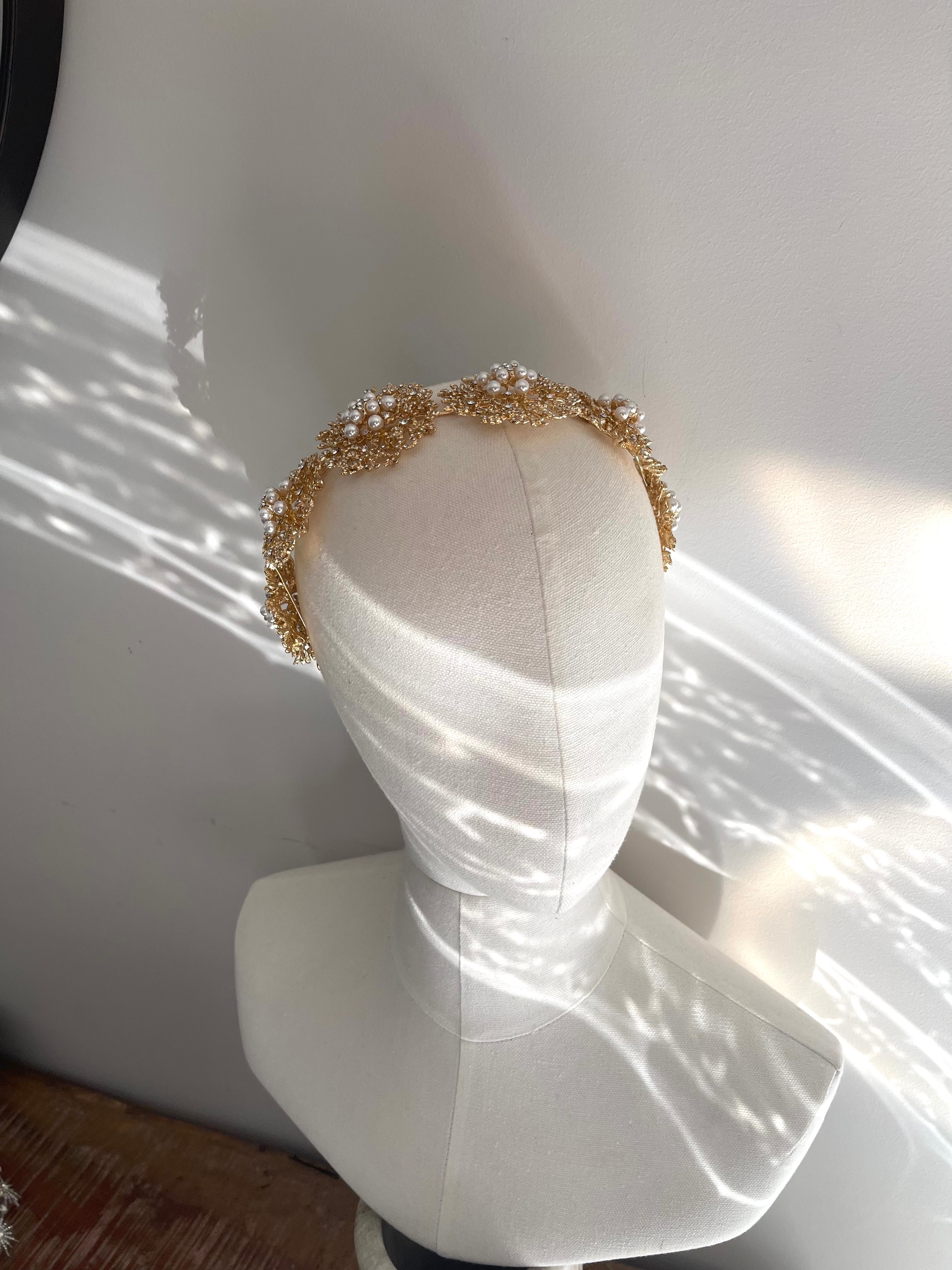 Vintage Gold and Pearl Headband in Coral Cluster Design, Bridal Wedding Crown or Boho Headband in Gold ~ BOTANY