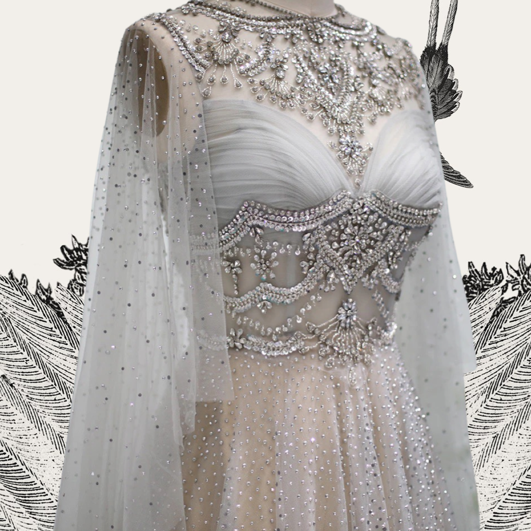 Silver Wedding Dress, Ethereal Formal Gown with Crystal Embellished Cape- ELVA