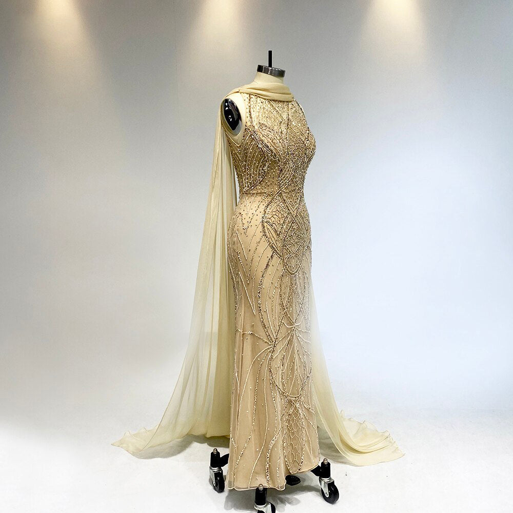 Amani - Crystal Vintage Style Beaded Bridal Gown, Gala Dress in Champagne Ivory with Watteau Shoulder Train