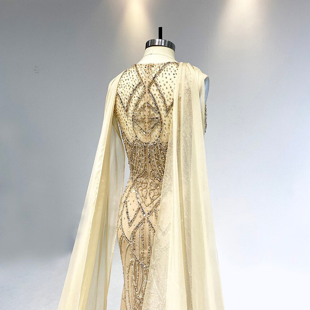 Amani - Crystal Vintage Style Beaded Bridal Gown, Gala Dress in Champagne Ivory with Watteau Shoulder Train