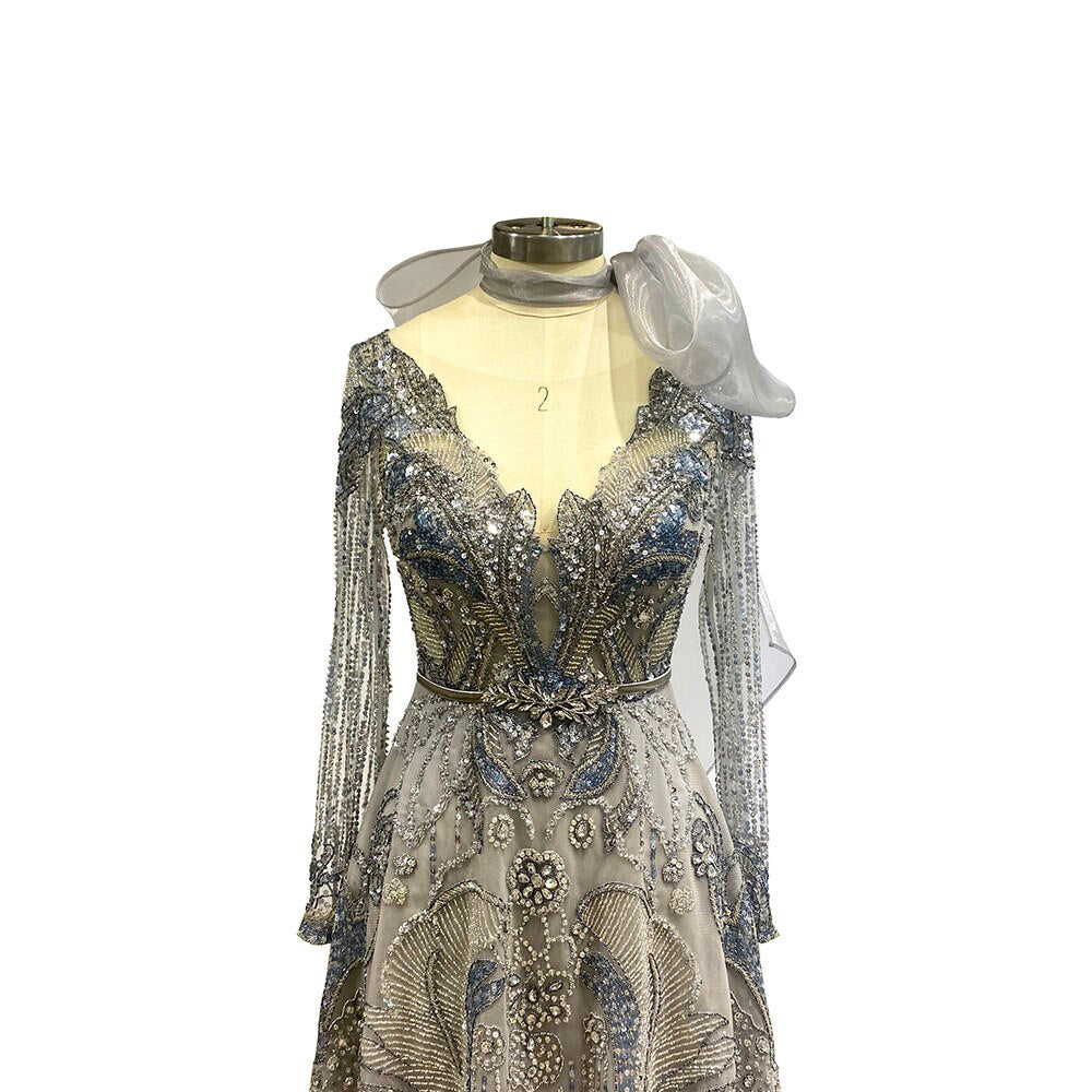 Arbour - Unique & Elegant Alternative Powder Blue Bridal or Formal Evening Gown in Silver Ash Beads & Crystals.