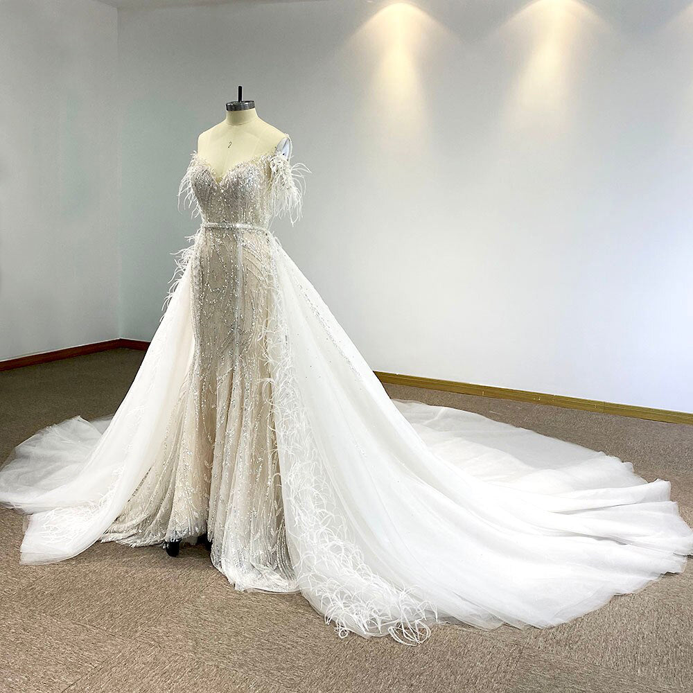 Breonna - White Wedding Dress with Crystal Bead Work and magnificent Overskirt Train