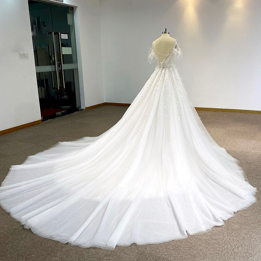 Breonna - White Wedding Dress with Crystal Bead Work and magnificent Overskirt Train