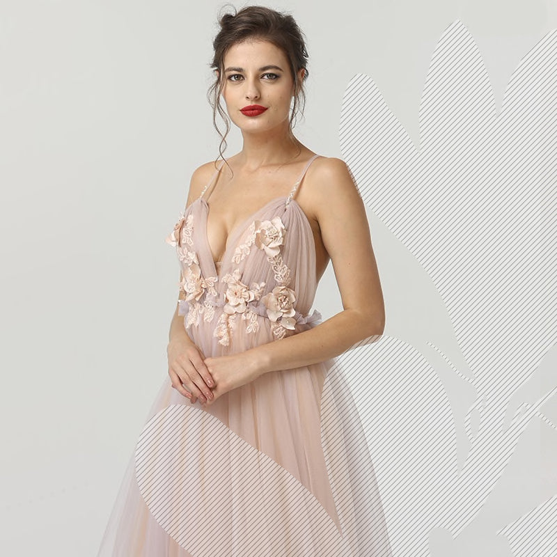 Dusky Pink & Rose Tulle A line Bridesmaid Gown or Beach Wedding Dress with Train - Bloom