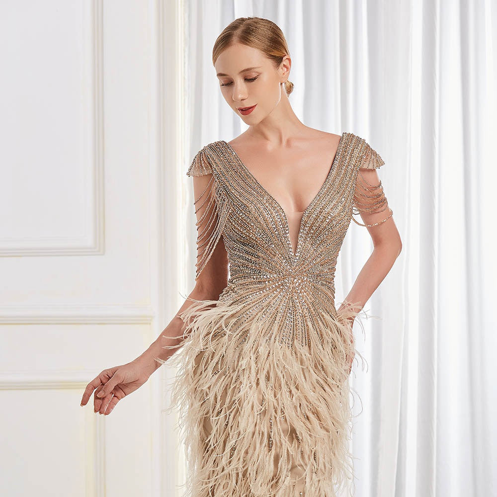 Feathered Skirt Evening Dress, Formal Gown with Sweep Train with Bronze & Blush Crystals - Cassidy