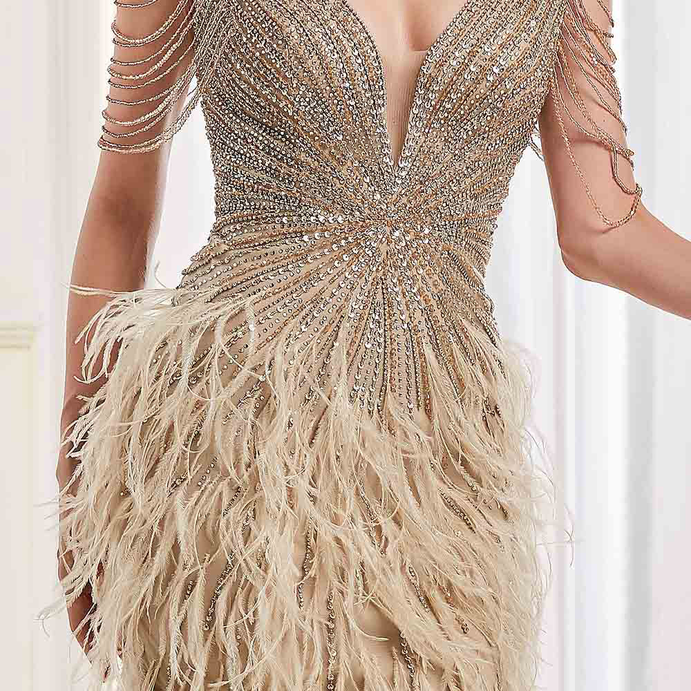 Feathered Skirt Evening Dress, Formal Gown with Sweep Train with Bronze & Blush Crystals - Cassidy