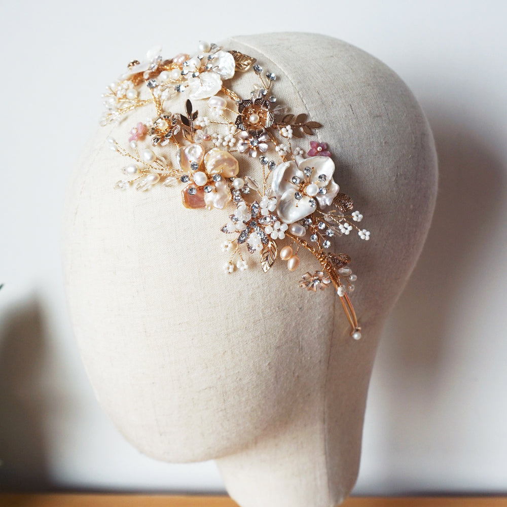 Freshwater Pearl Wedding Headband, Floral Bridal Crown - CLARICE