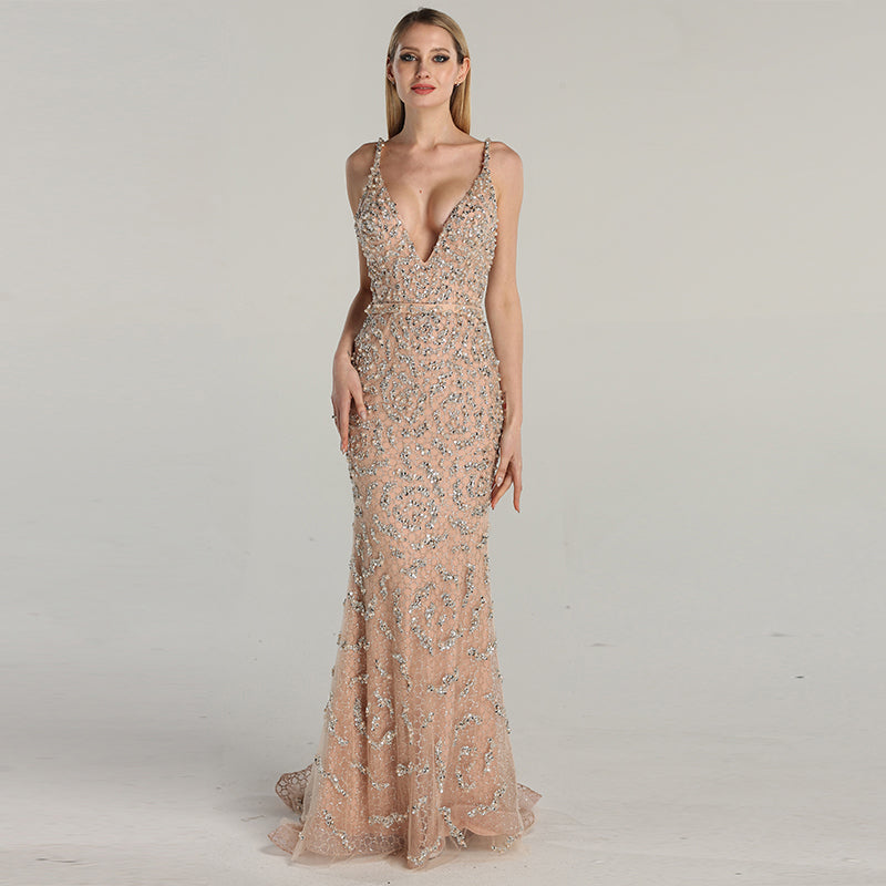 Pink Crystal Evening Gown, Formal Dress in Full Crystal Embellishments, Plunge Open Back and V Neck Evening, Mermaid Gown - Colette