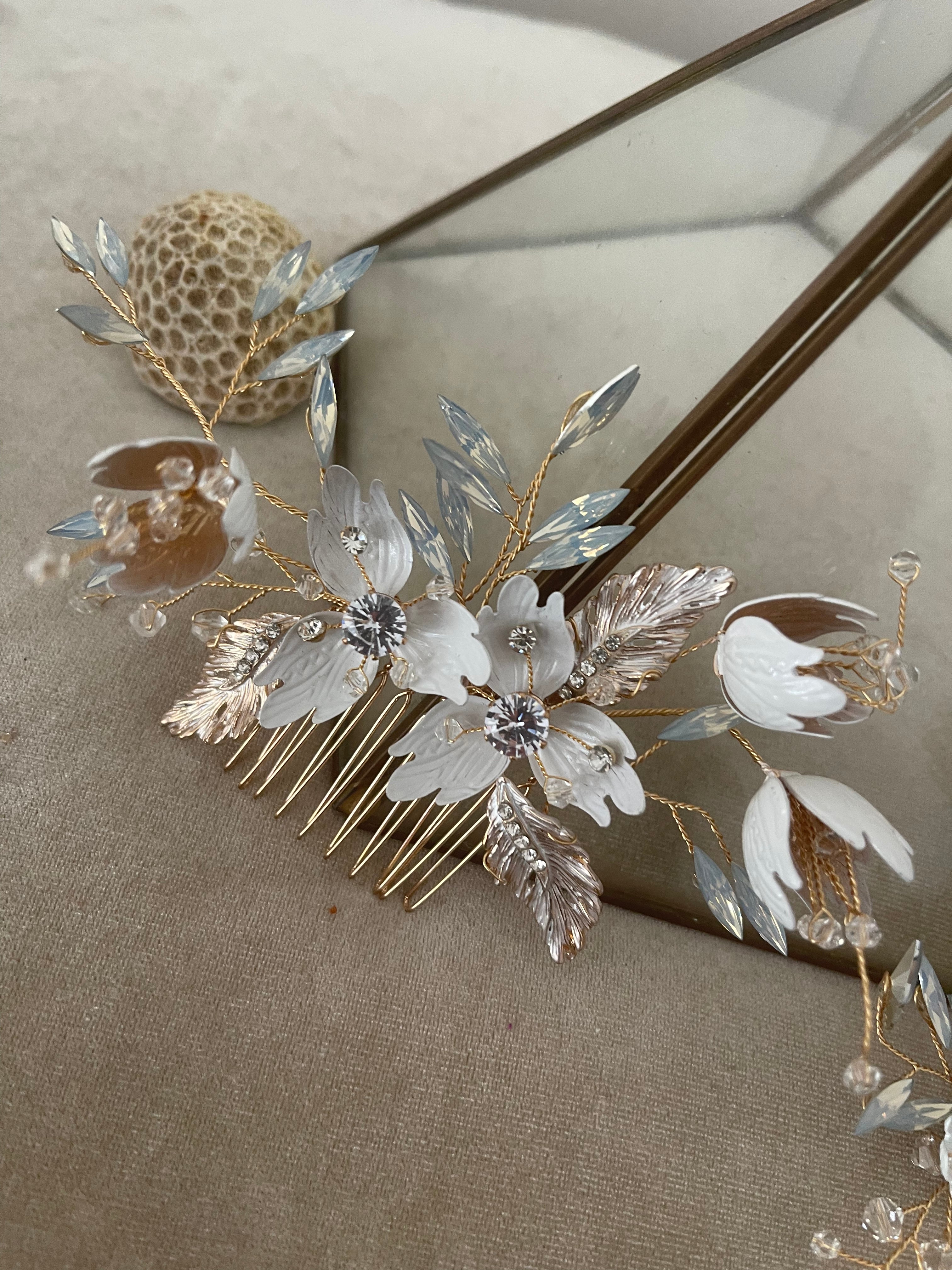 Ornate Ivory Bridal Hair Pin Set of Two, Botanical Crystal Floral Side Clip ~ Riva