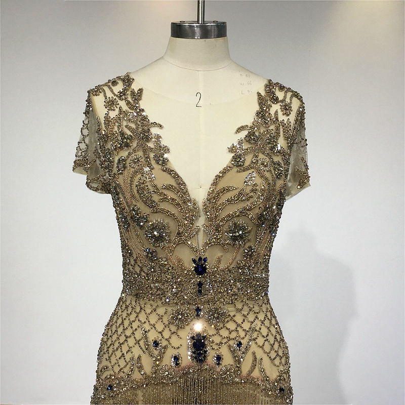Classic Flapper Style Gatsby Inspired Short Wedding Dress, Gold Formal Evening Dress - Daise