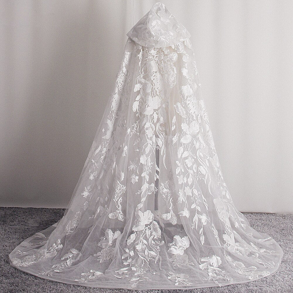 DANTE - Lovely Dramatic Winter Wedding, Bridal Cape In Beaded Lace Appliqué