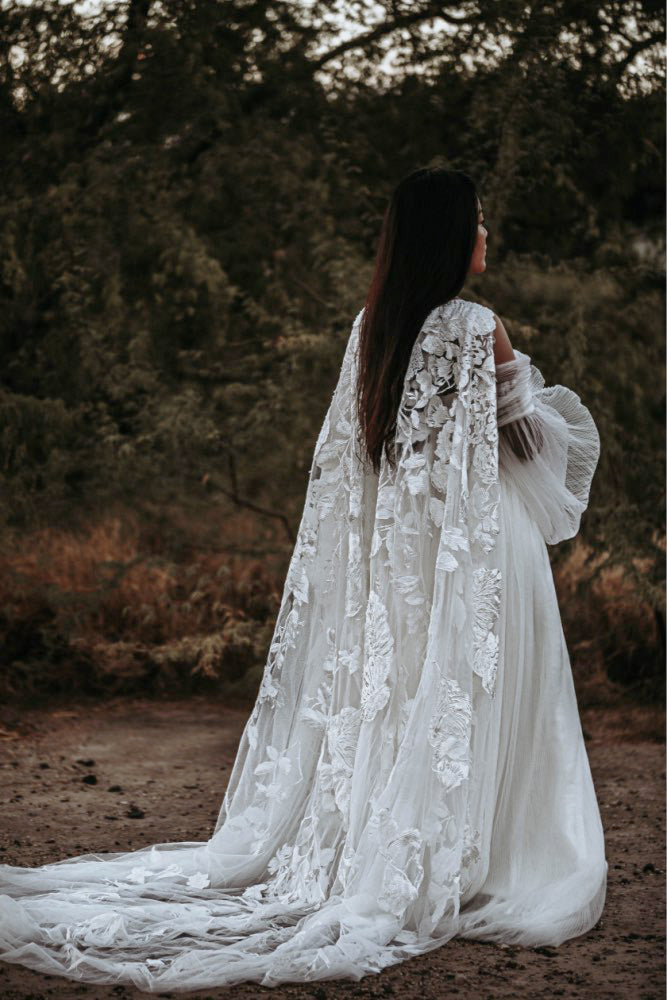 DANTE - Lovely Dramatic Winter Wedding, Bridal Cape In Beaded Lace Appliqué