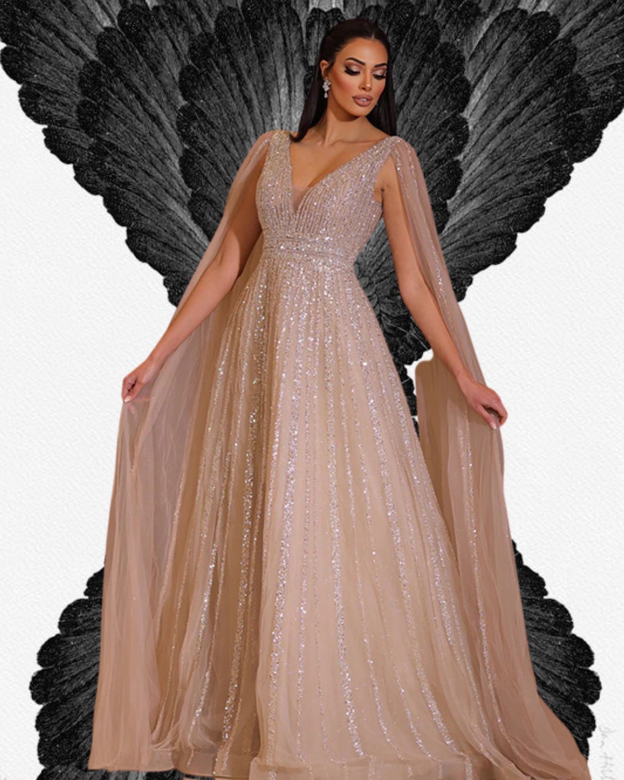 Pink Champagne Wedding Gown With Veiled Wing Sleeve, A Line Formal Dress - ANGEL