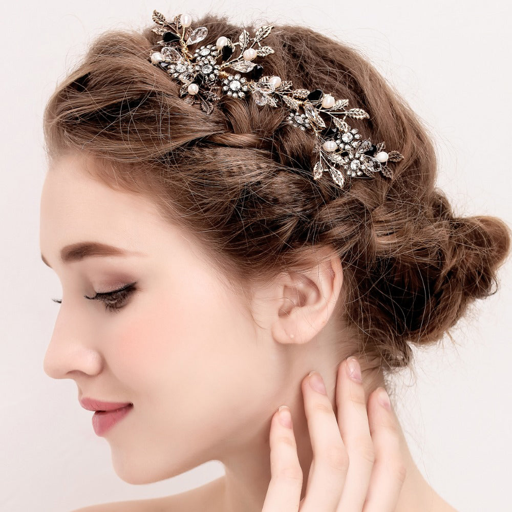 EARTHA - Crystal Floral Bridal Hair Clip Set in Old Gold.