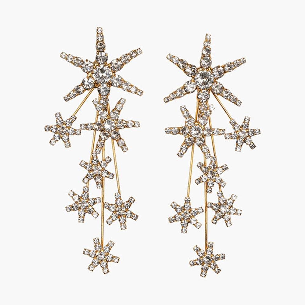 SOAR - Celestial Style Star Burst Dangle Statement Earrings in Crystal Gold & Silver