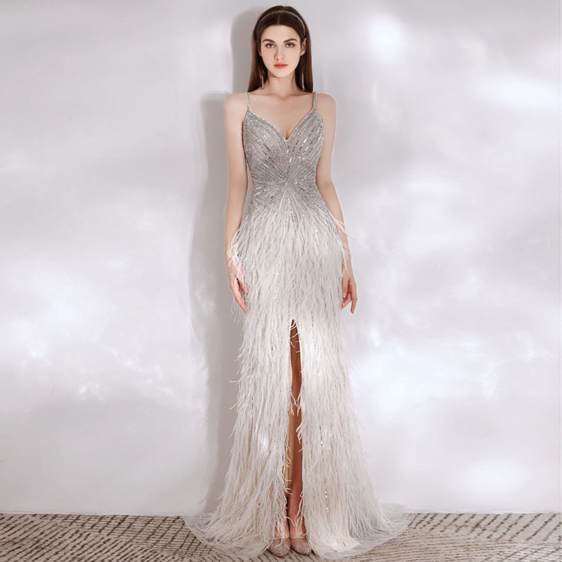 Unique Feathered Skirt Wedding Dress or Art Deco Formal Evening Gown in Ivory, Silver or Red -FOLLY