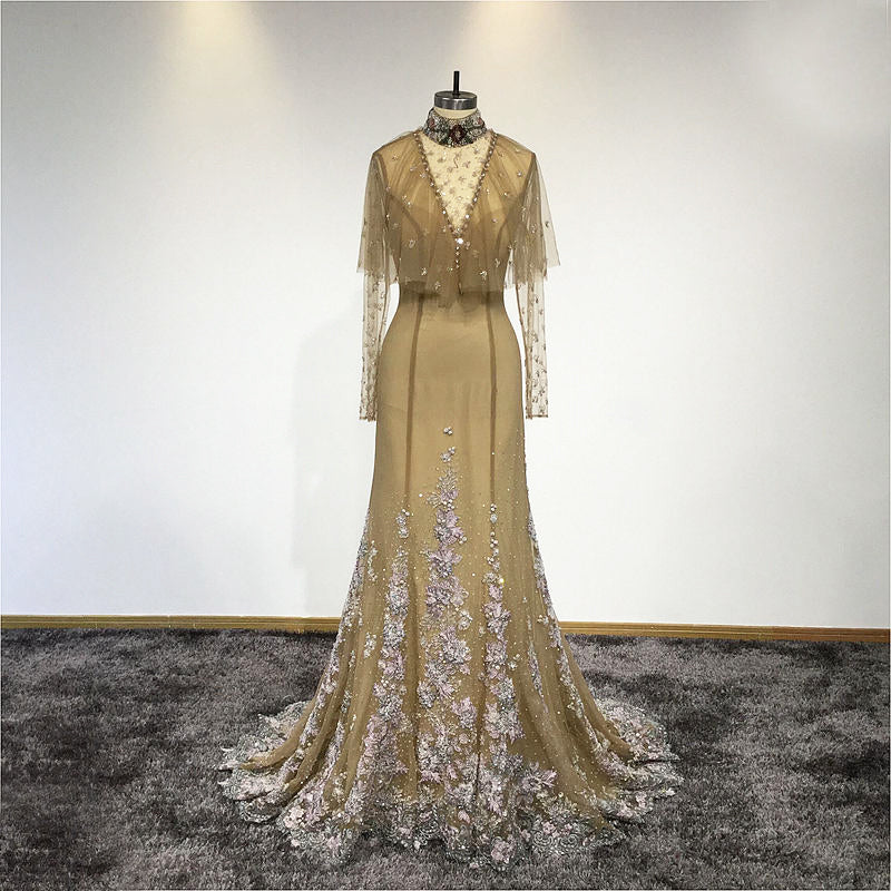 Edele - Edwardian Style Vintage Gold Wedding Gown., Evening Dress With Beaded Cape and Choker in Gold