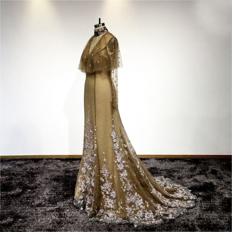 Edele - Edwardian Style Vintage Gold Wedding Gown., Evening Dress With Beaded Cape and Choker in Gold