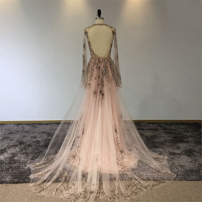 Lenore - Botanical Beaded Pink Floral Tulle Alternative & Unique Wedding Dress in Bohemian Style.