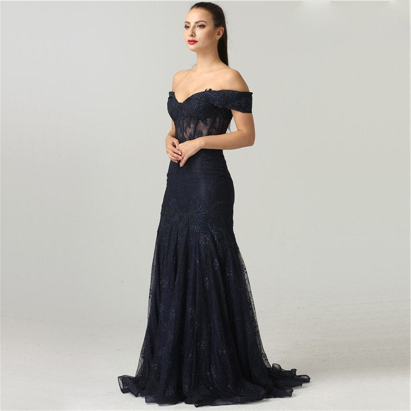 Graz - Navy Blue Lace Alternative Wedding, Evening Formal Gown with Sheer Boned Bodice