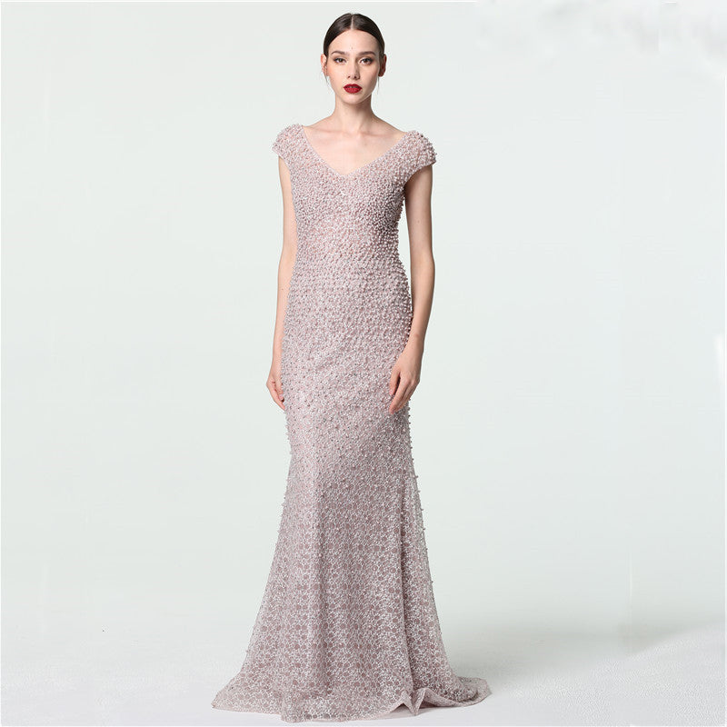 Mia - Column Design Beaded Evening Prom Dress in Dusky Pink Lace