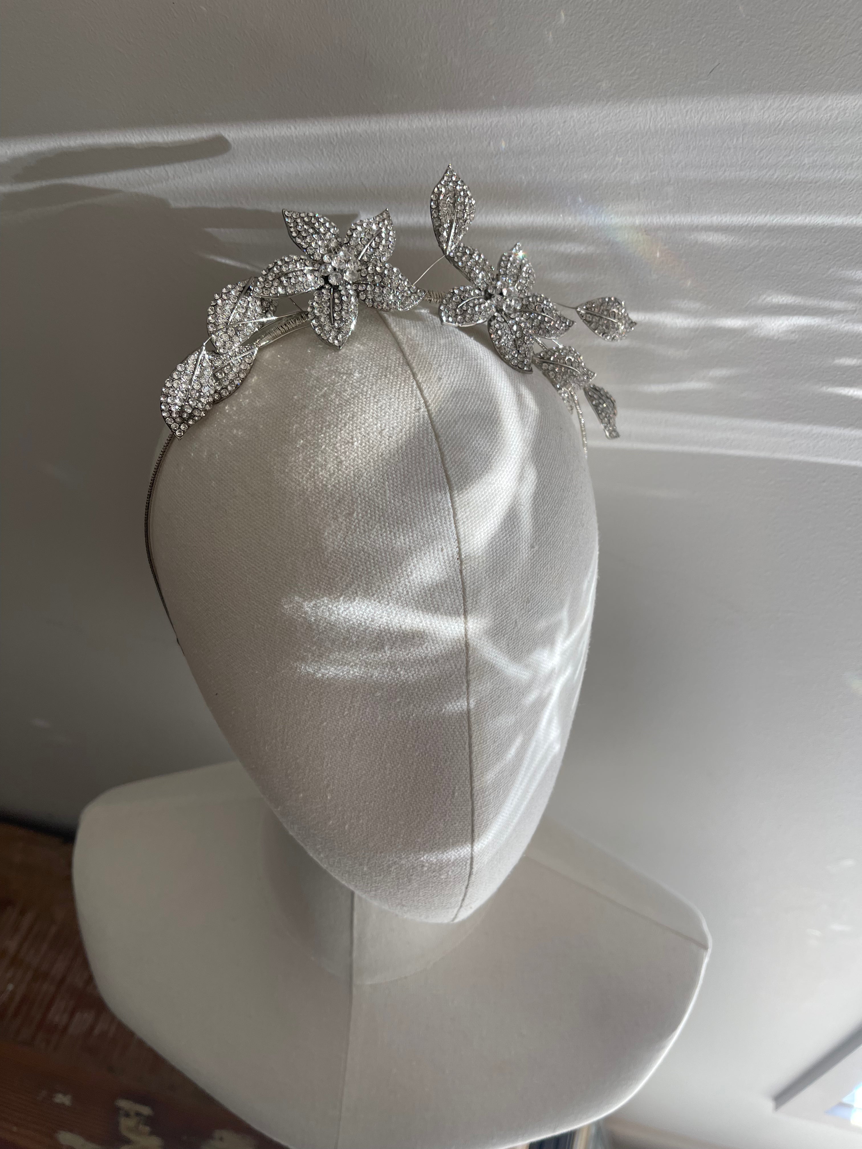 Crystal Unique Flower Bridal Headband For Glamorous Wedding or Pageant, Silver Flower Crown ~ Olive
