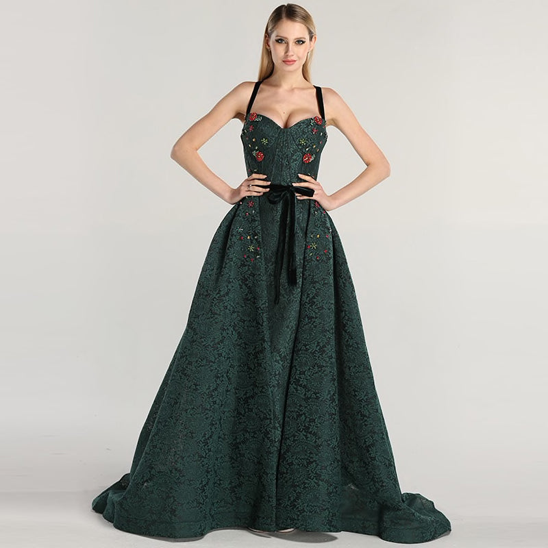 Kelly - Green Lace A line Gown With Floral Detail