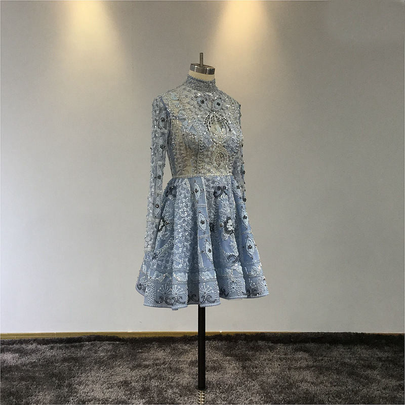 Lotus - Beaded Special High End Couture Skater Dress For Prom Or Alternative Wedding Dress In Blue