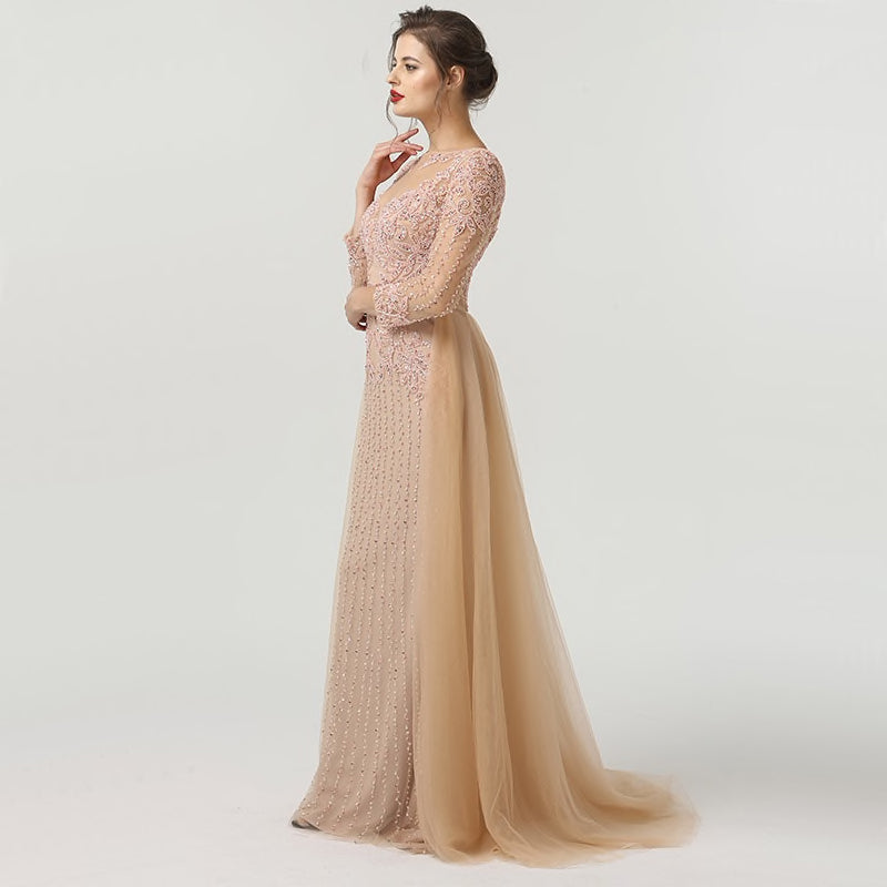 Bridal Gown or Evening Dress With Tulle Train in Bridal Blush Pink Bodice and Sleeves- Lorde