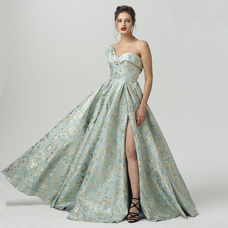 Vintage 1950s Style Formal Gown in Jacquard Side Split, Evening Prom Vintage 1950s Style Formal Gown in Jacquard Side Split, Evening Prom