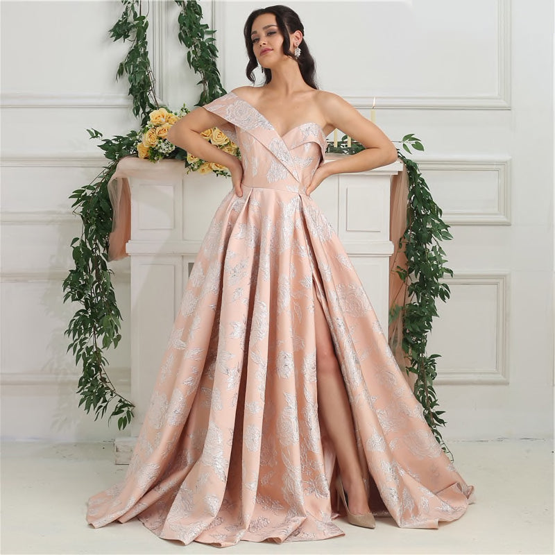 Side Split Pink Jacquard Bridesmaid Dress, Formal Prom Gown in Pink Floral Fabric - Mila
