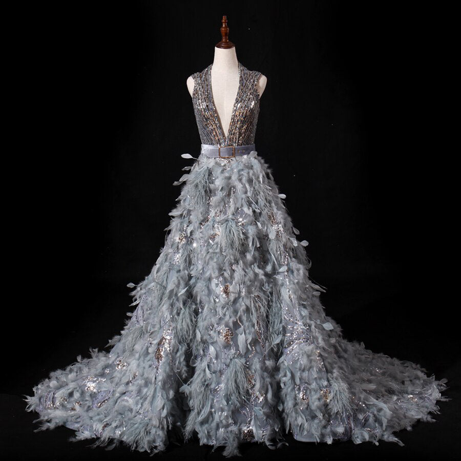 Plume  - Gorgeous Feather Embellished Wedding Dress in Grey & Small Gold Embellishments
