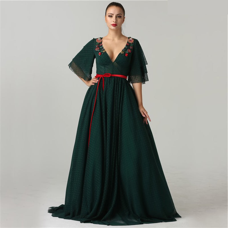 Dark Green Tulle A line Formal Gown or Evening Dress With Floral Appliqués - Greta