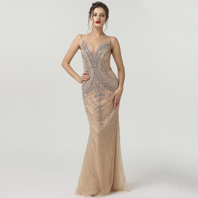 Salma - Gold and Silver Beaded Dress in Nude Blush, Wedding or Evening Gown